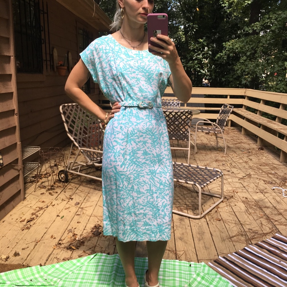 Vintage 1960s Printed Belted Wiggle Dress